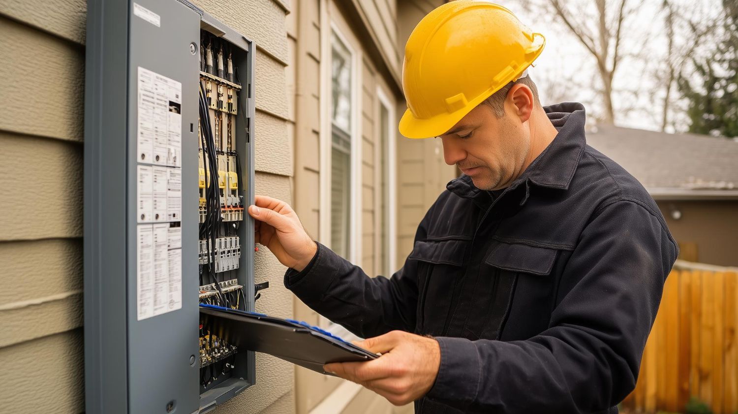 Electrician in yellow hard hat inspecting electrical panel.