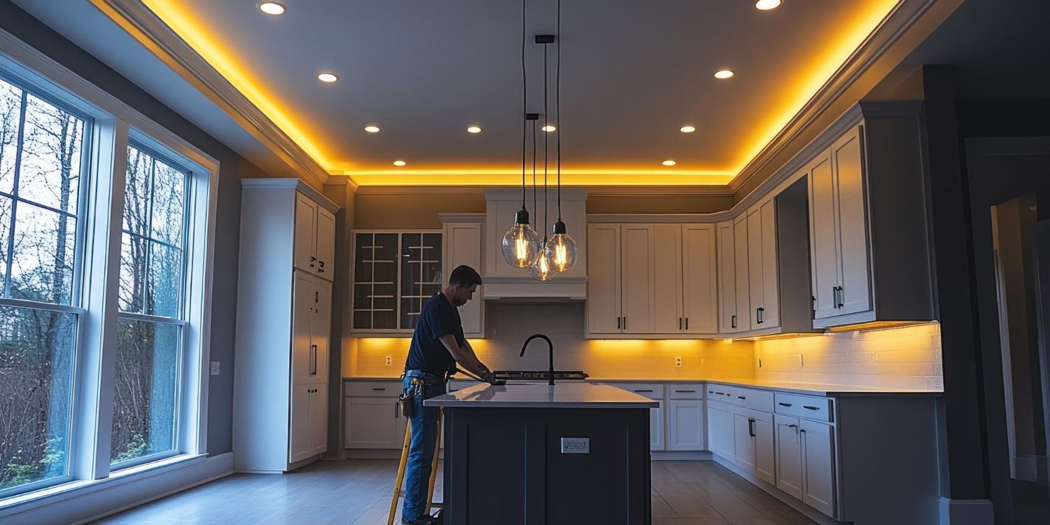 A person works at a kitchen island in a room featuring white cabinets, pendant lighting, and warm tray ceiling accents.