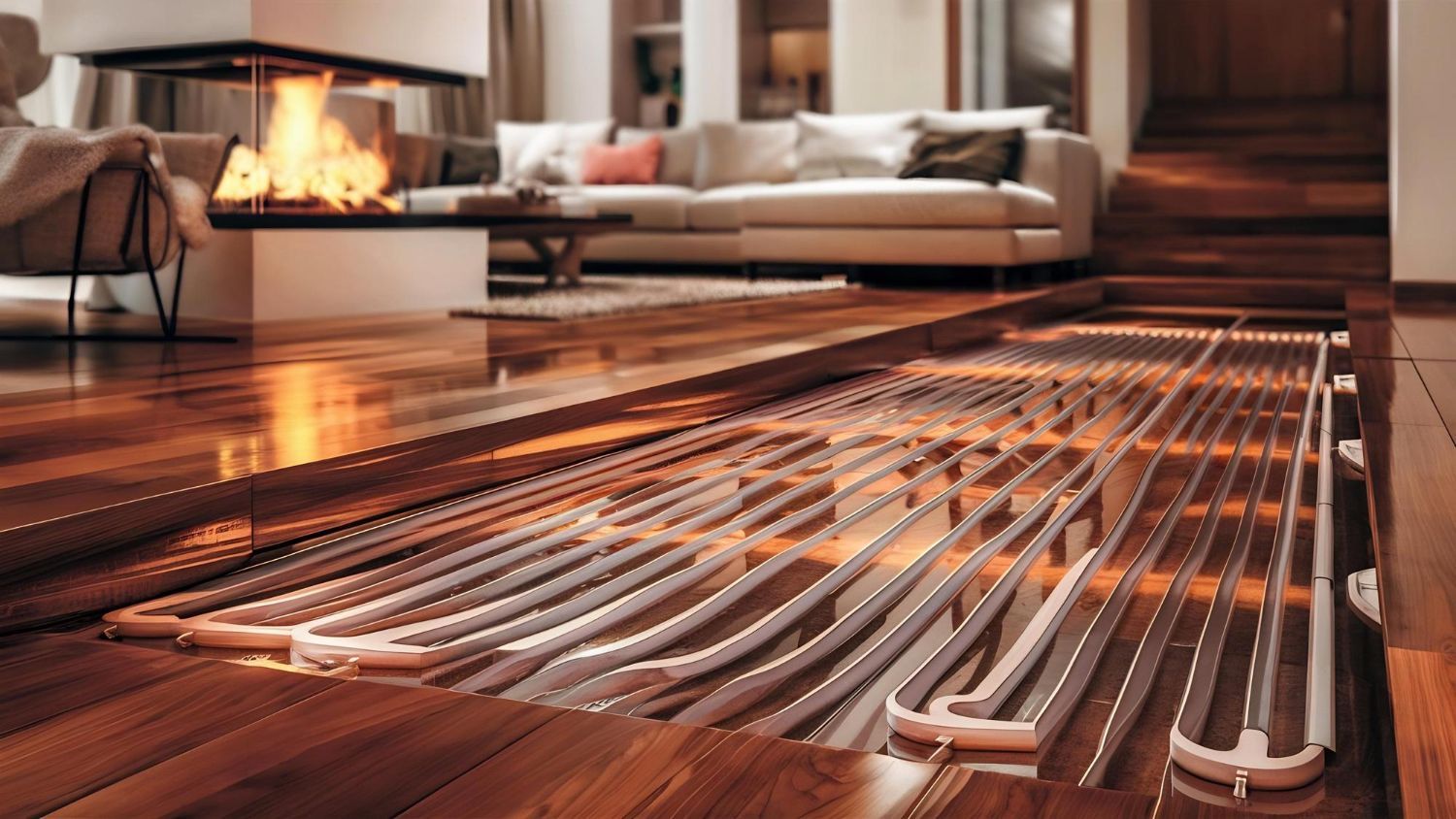 Underfloor heating system installation with radiant tubes exposed on wood flooring, living room setting.