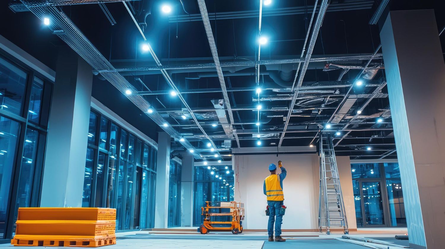 A construction worker in a high-visibility vest stands in an unfinished office space inspecting the ceiling wiring.