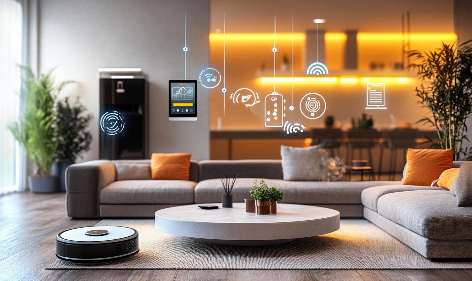 Modern living room with smart home technology displayed; robot vacuum, tablet, and floating icons.