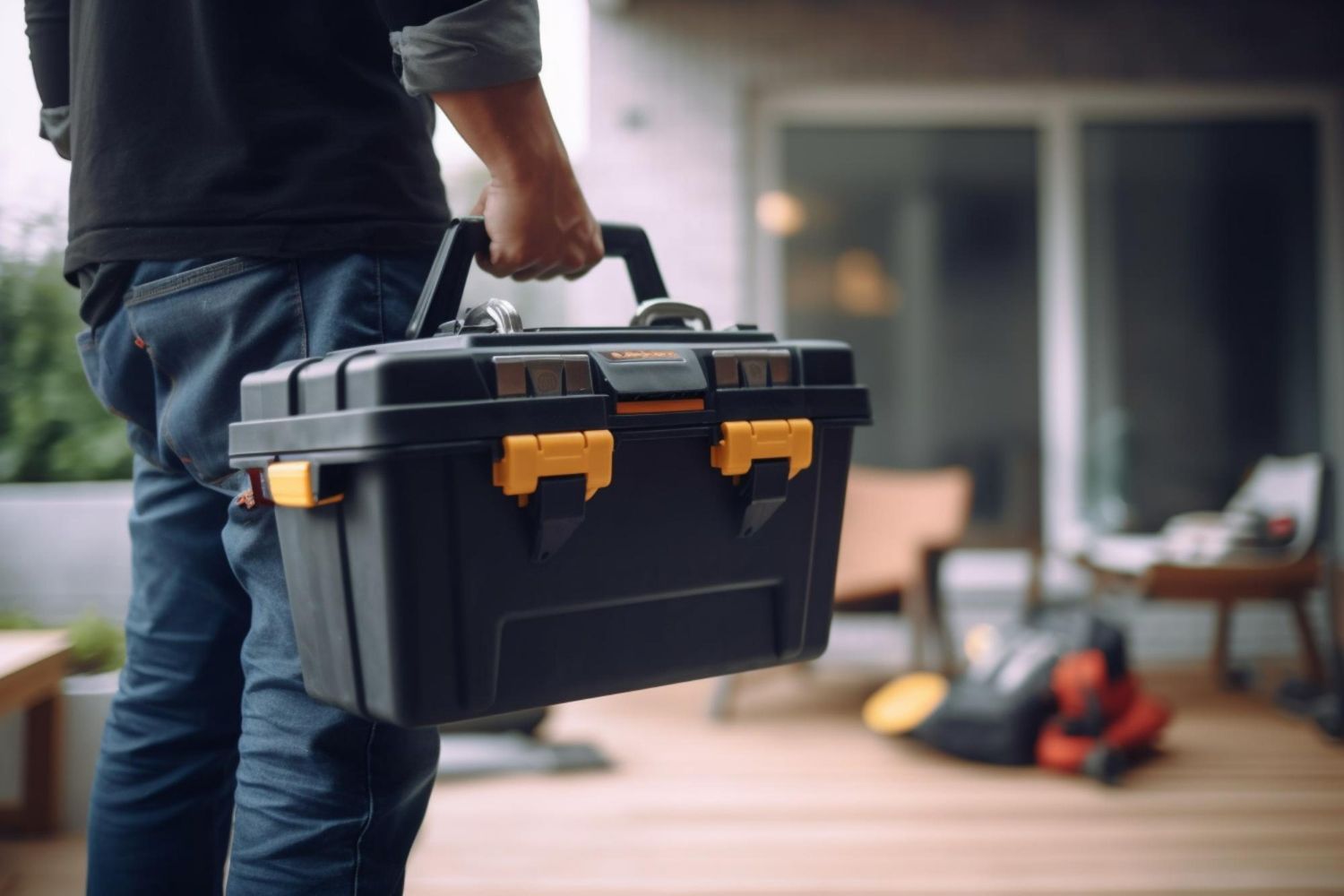 Person holding a black toolbox with yellow clasps on a wooden deck.