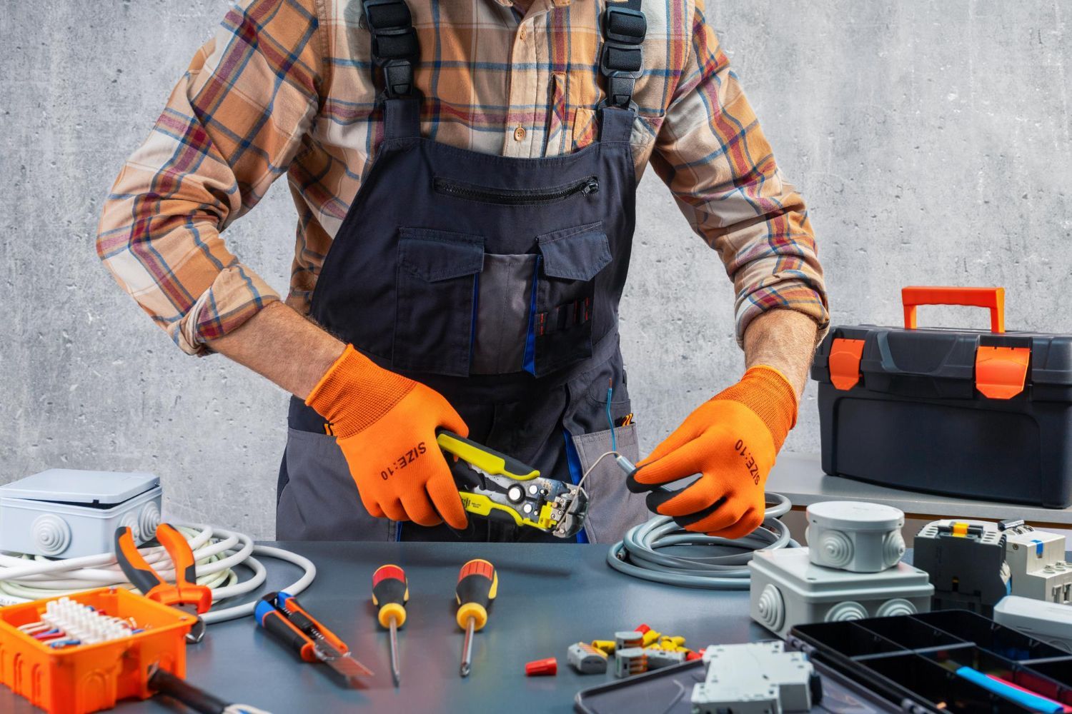 An electrician in workwear and orange gloves uses wire strippers on a cable at a workspace filled with tools and parts.