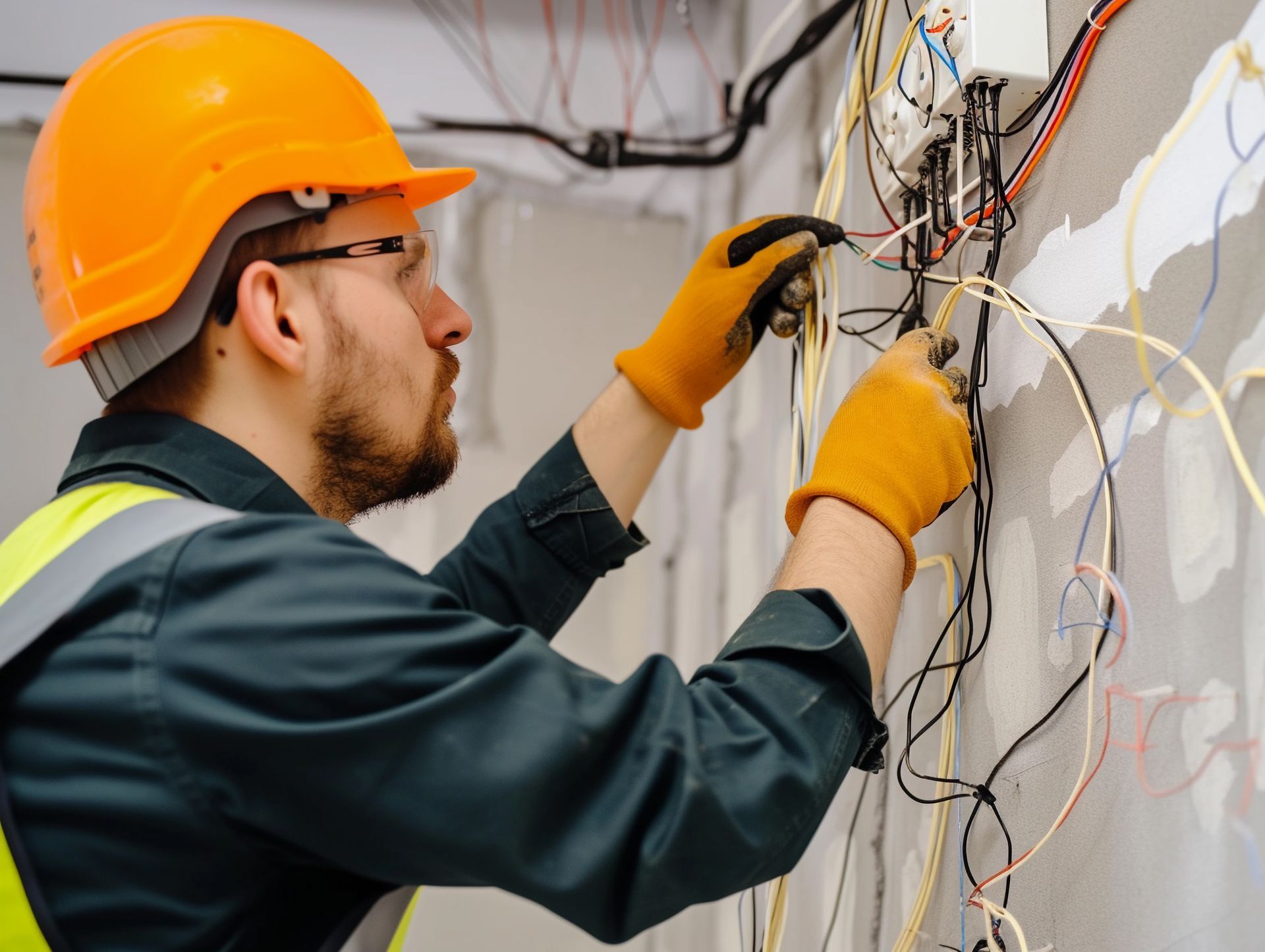 Electrician in a hard hat and gloves working on electrical wiring inside a building.