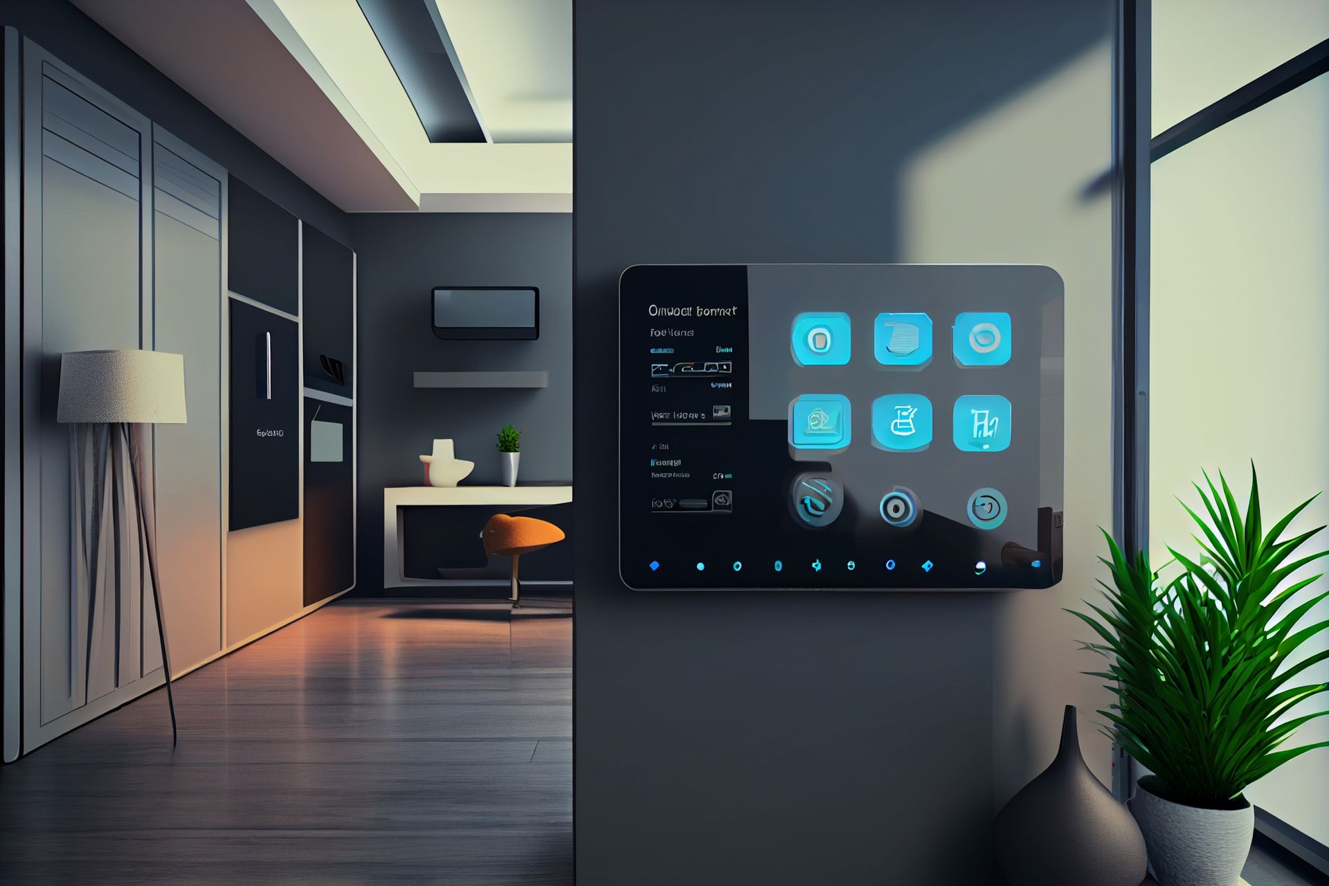 A living room with a smart thermostat on the wall.