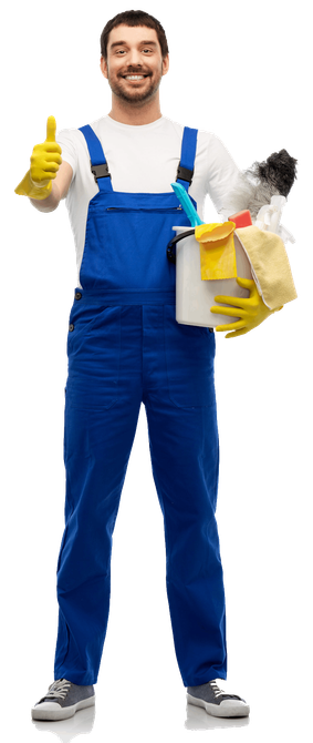 A man in blue overalls is holding a bucket of cleaning supplies and giving a thumbs up.