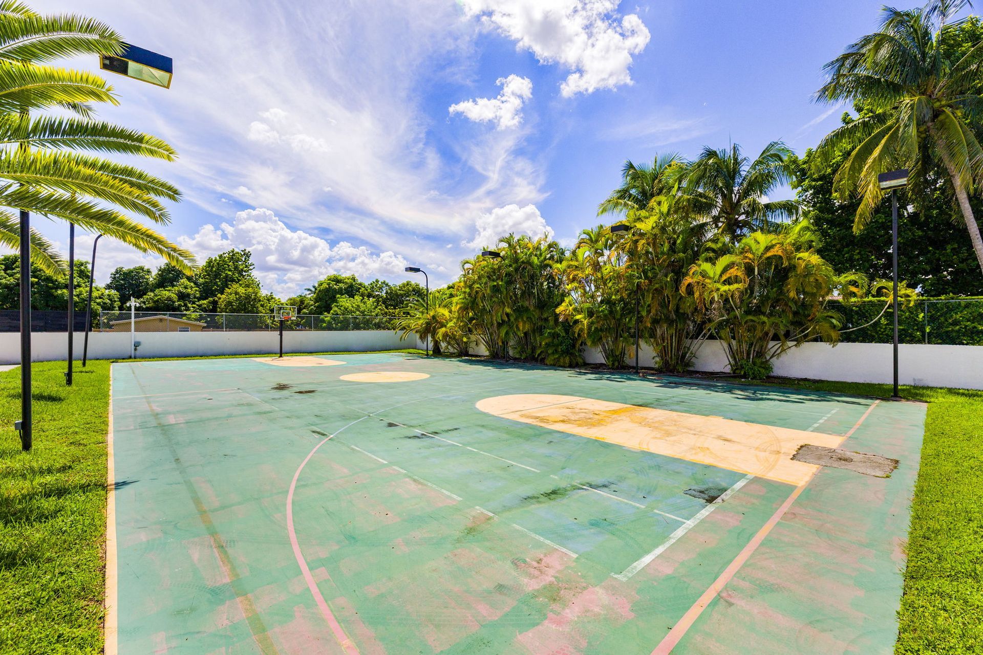 Outdoor basketball court on a sunny day, surrounded by palm trees and green grass.
