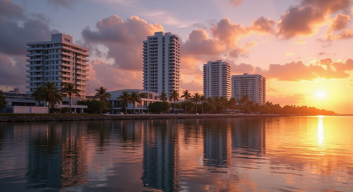 Skyline of tall buildings at sunset, reflected in calm water. Orange and pink sky, palm trees.