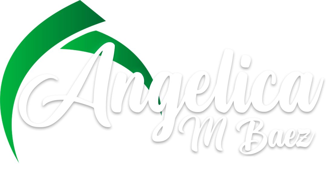 Logo for Angelica M. Baez Real Estate Brokerage: White script name over a gray arc, with