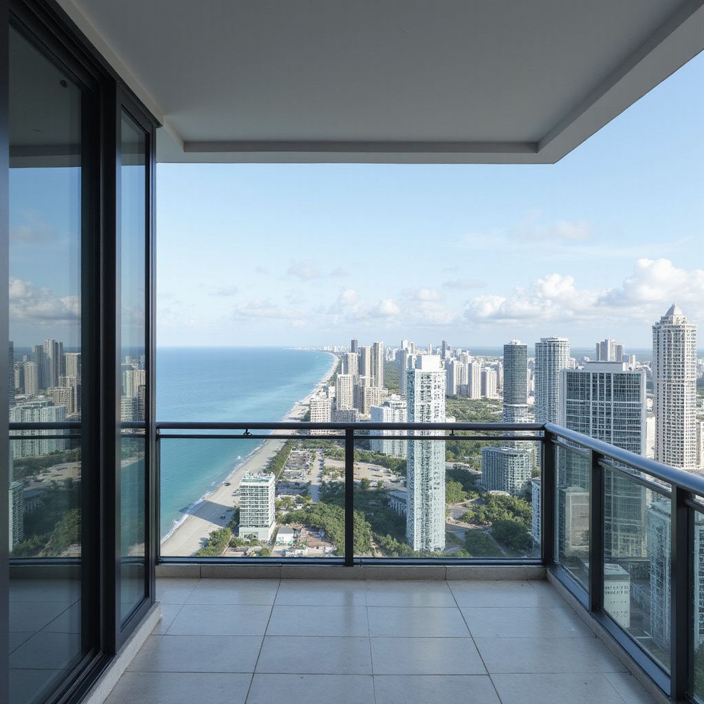 Balcony overlooking city buildings, beach, and ocean under a blue sky.