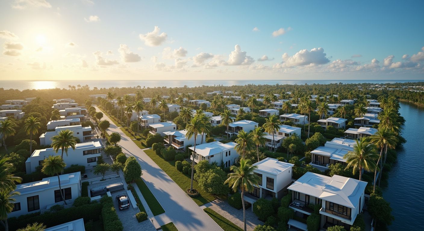 Aerial view of a coastal neighborhood with white houses, palm trees, and a canal under a sunny sky.