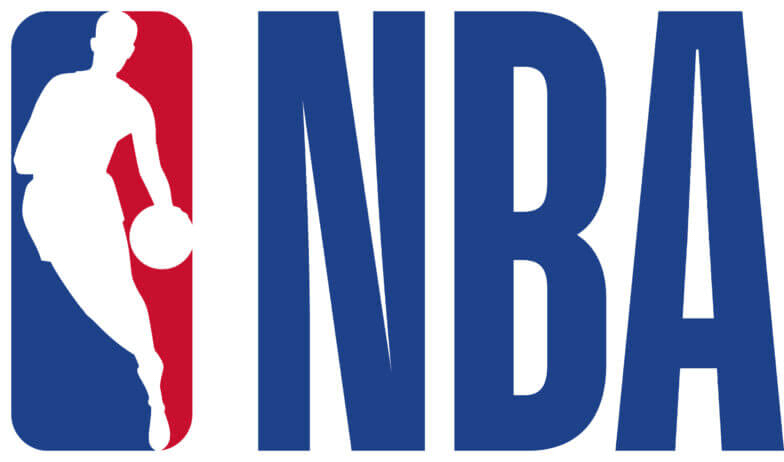 A basketball player is holding a basketball in the nba logo.