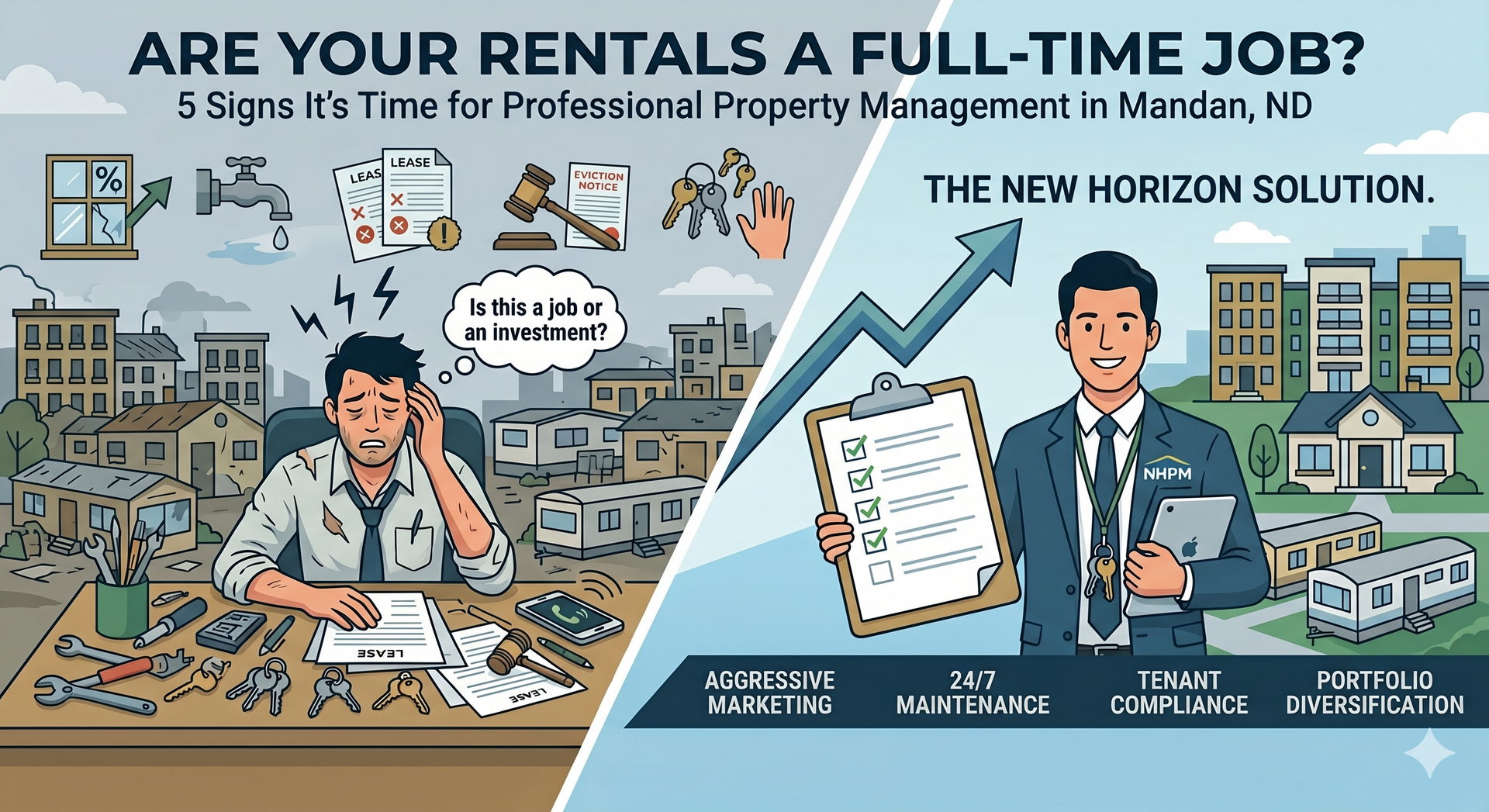 image of a graphic of a man stressed about managing his apartment complex and a man who is stress free because he hired New Horizon Property Mangment located in Bismarck