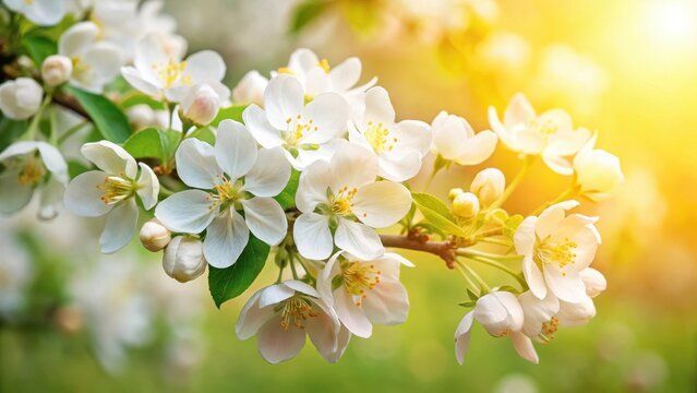 A branch of a cherry blossom tree with white flowers and green leaves.