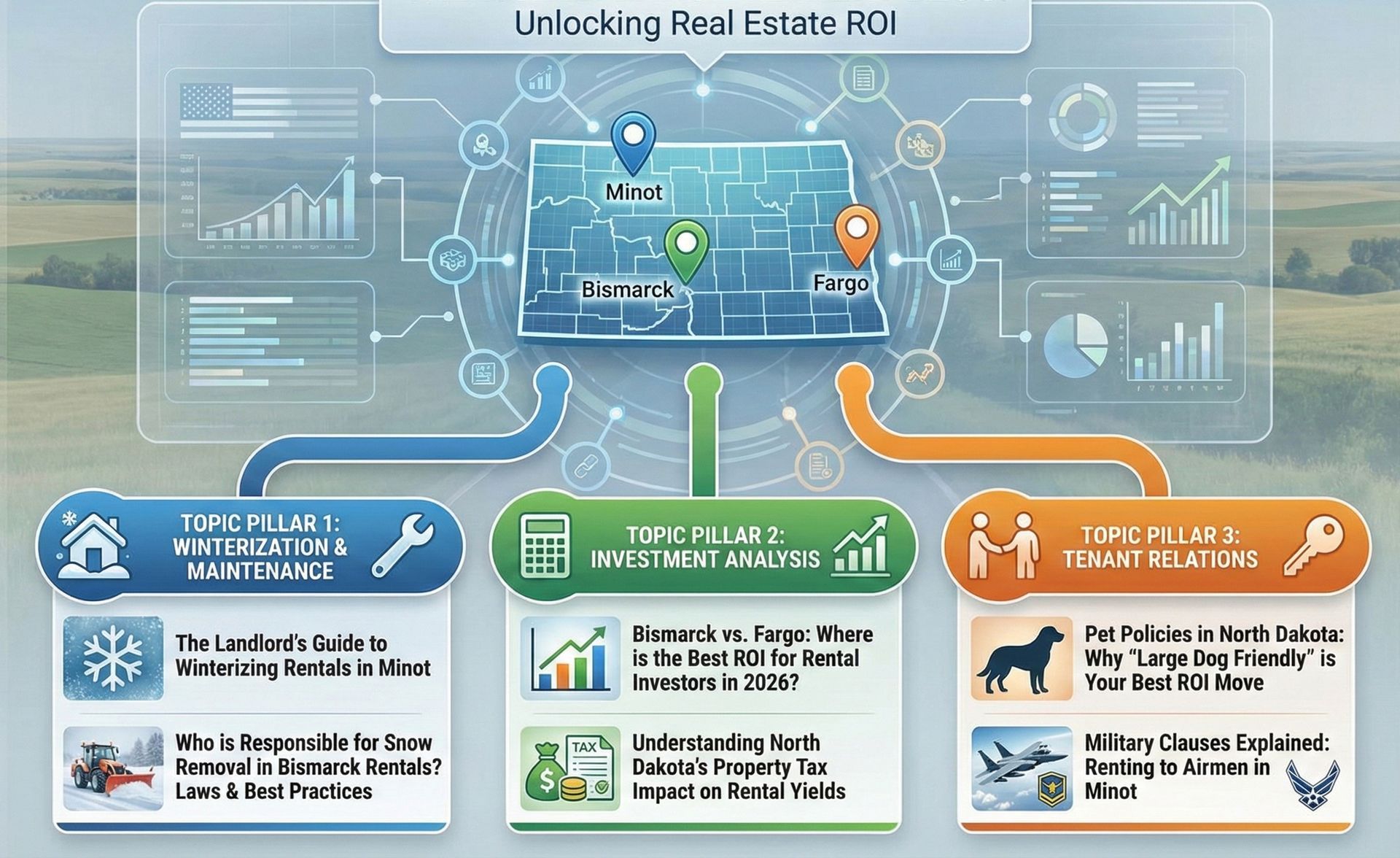 image of graphic of cities in north dakota minot, bismarck and fargo showing the best ROI for real estate investors should buy rental properties