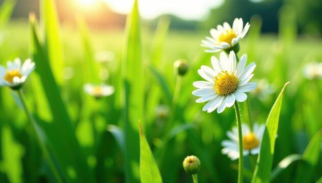 A field of daisies and dandelions with the sun shining through the grass.