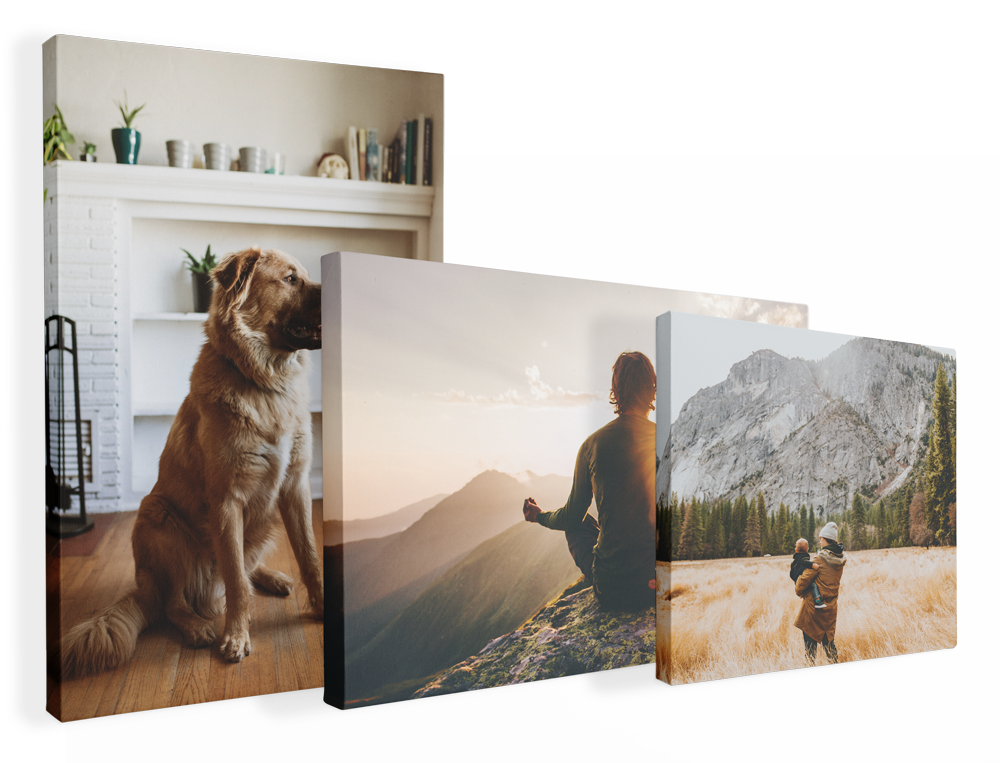 Three overlapping canvas prints: a dog indoors, a hiker at sunset, and a climber by snowy mountains.