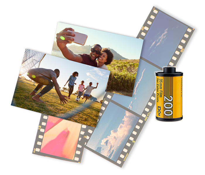 Film strips with family outdoor photos and a yellow AA battery on a white background
