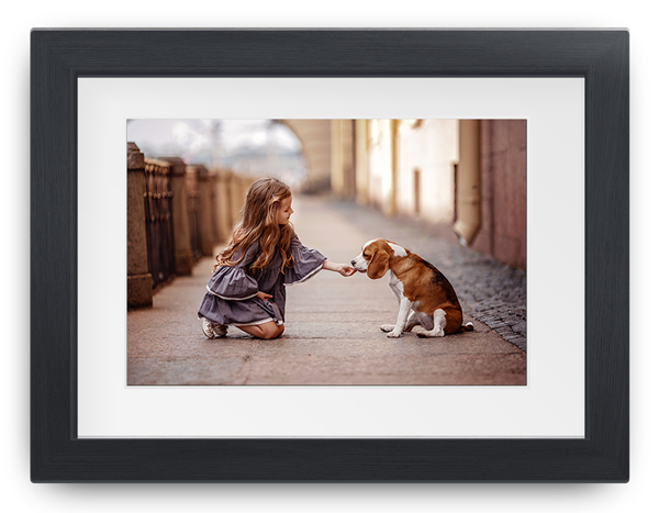 Child kneels on a street, reaching out to a brown-and-white puppy in a framed photo.