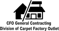 Logo: Two connected buildings, crossed out, with text: CFO General Contracting, Division of Carpet Factory Outlet.