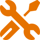 Orange wrench, screwdriver, and level crossed, representing settings or tools.