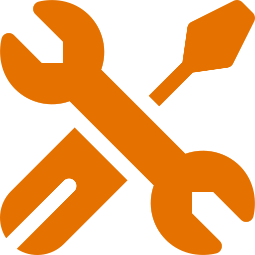 Orange wrench, screwdriver, and level crossed, representing settings or tools.