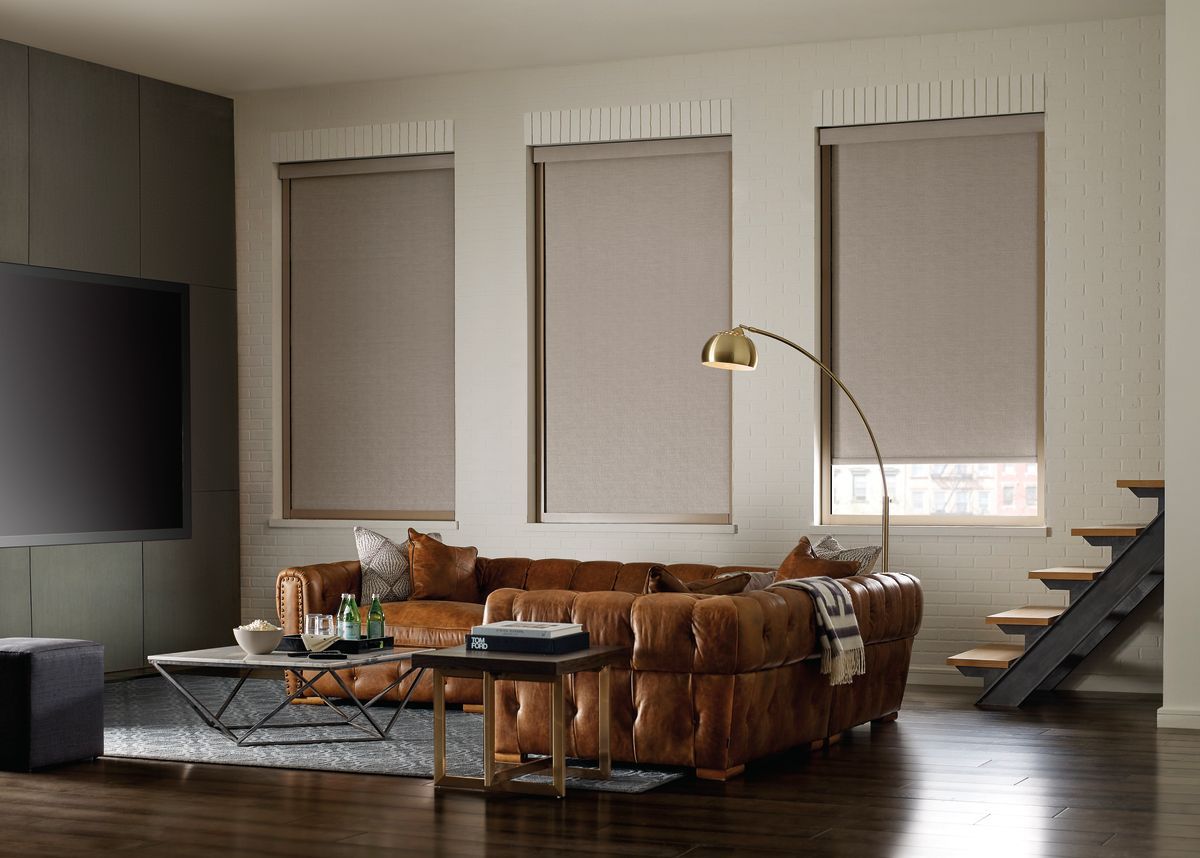 Modern living room with brown sofa, coffee table, floor lamp, and three window shades