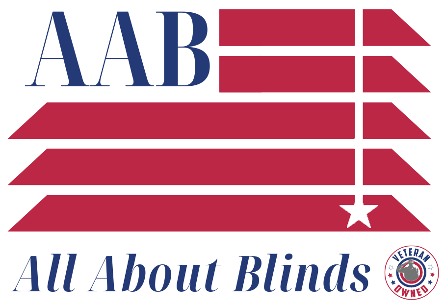 AAB All About Blinds logo with red window blinds and blue text