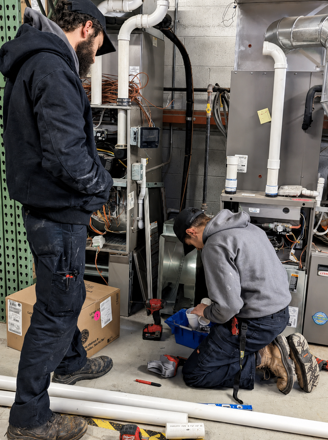 Two workers in a basement utility room repairing exposed pipes and equipment.