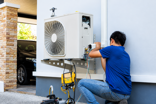 Technician kneels by an outdoor air conditioner unit, using tools beside a house wall.