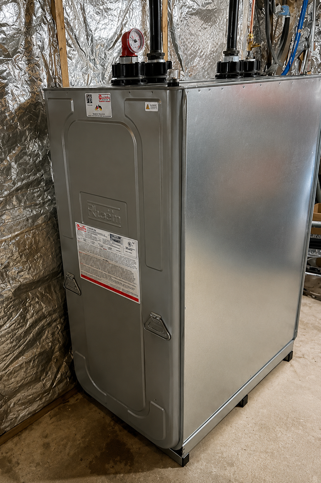 Gray HVAC furnace in a basement utility area with insulated ducts and foil-lined walls