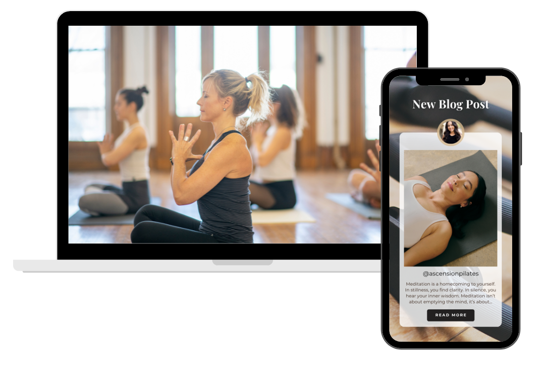 Laptop and phone displaying online Pilates videos with women practicing movement.