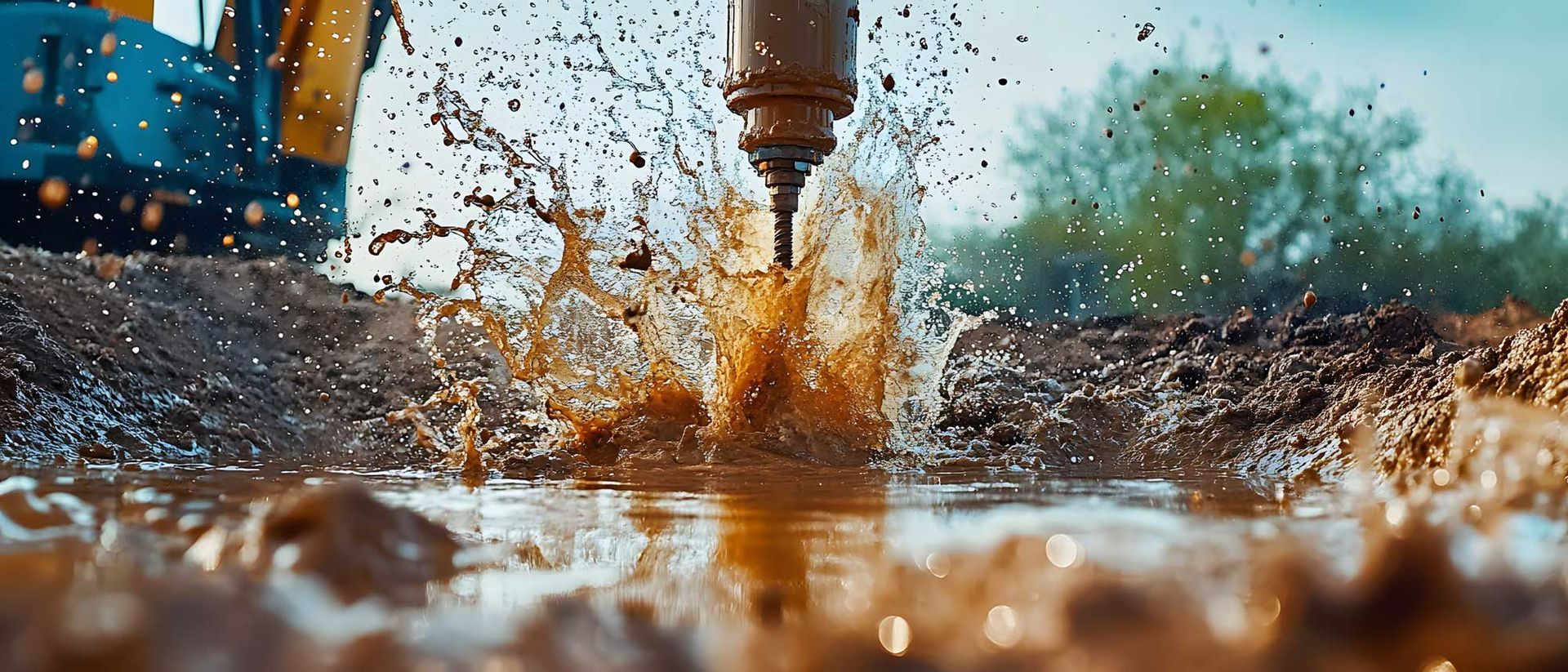 Professional equipment performing a well drilling service with water splashing in the mud. Professional equipment performing a well drilling service with water splashing in the mud.