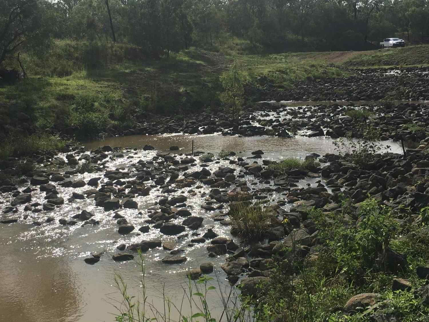 A Shallow Rocky Stream Winds Through a Grassy Landscape — Macca's Dynamic Earthworks in Tolga, QLD