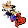 Image of Action Bail Bond's mascot: A cartoon man with a long, curled mustache and wings, wearing a purple suite, black boots & vest, and a tan hat, flying over a drawing of the state of Texas