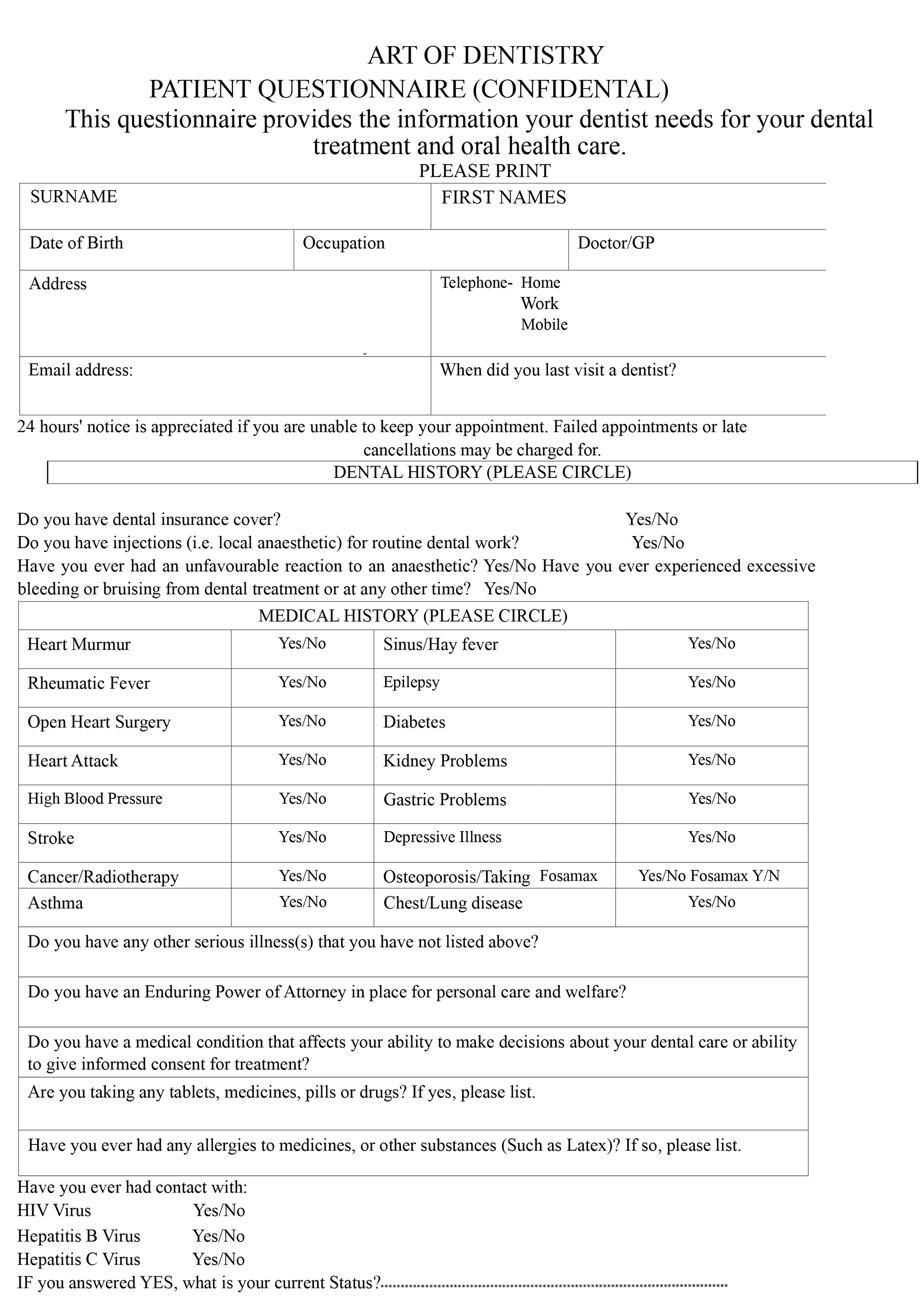Questionnaire for assessing workplace safety, with fill-in fields and checkboxes.