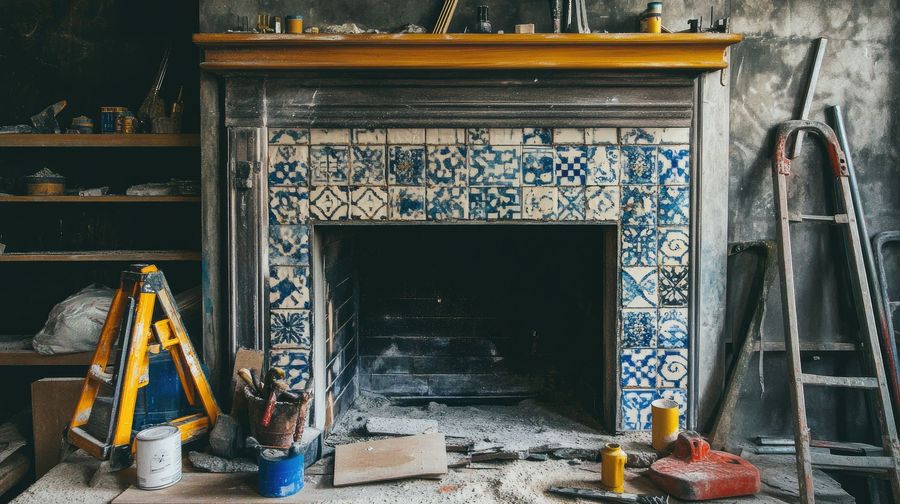 A fireplace is being restored in a room with tools and a ladder.