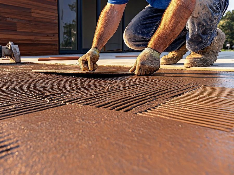 A man is laying tiles on a concrete floor.