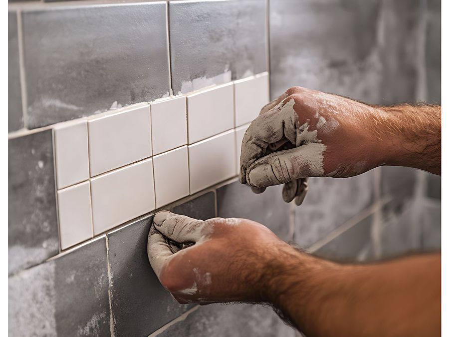 A man is installing tiles on a wall.