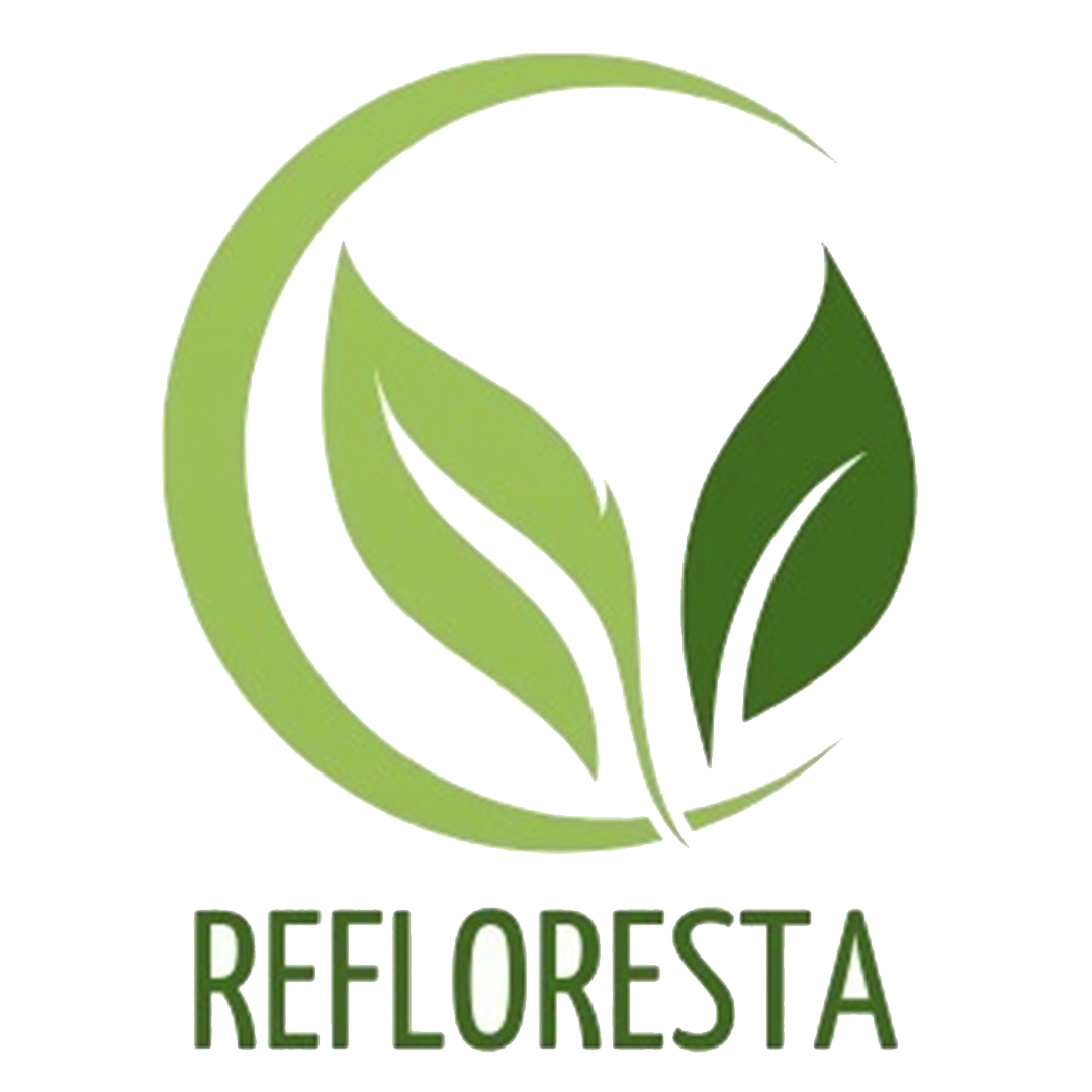 A logo for refloresta with two green leaves in a circle