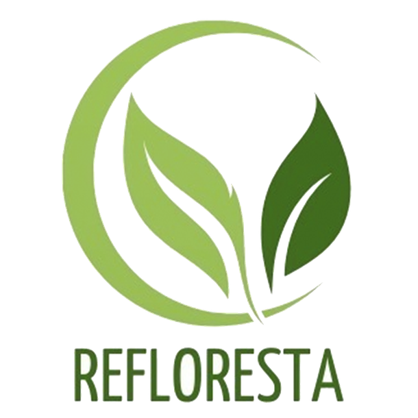 A logo for refloresta with two green leaves in a circle