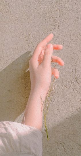 A close up of a person 's hand holding a flower.