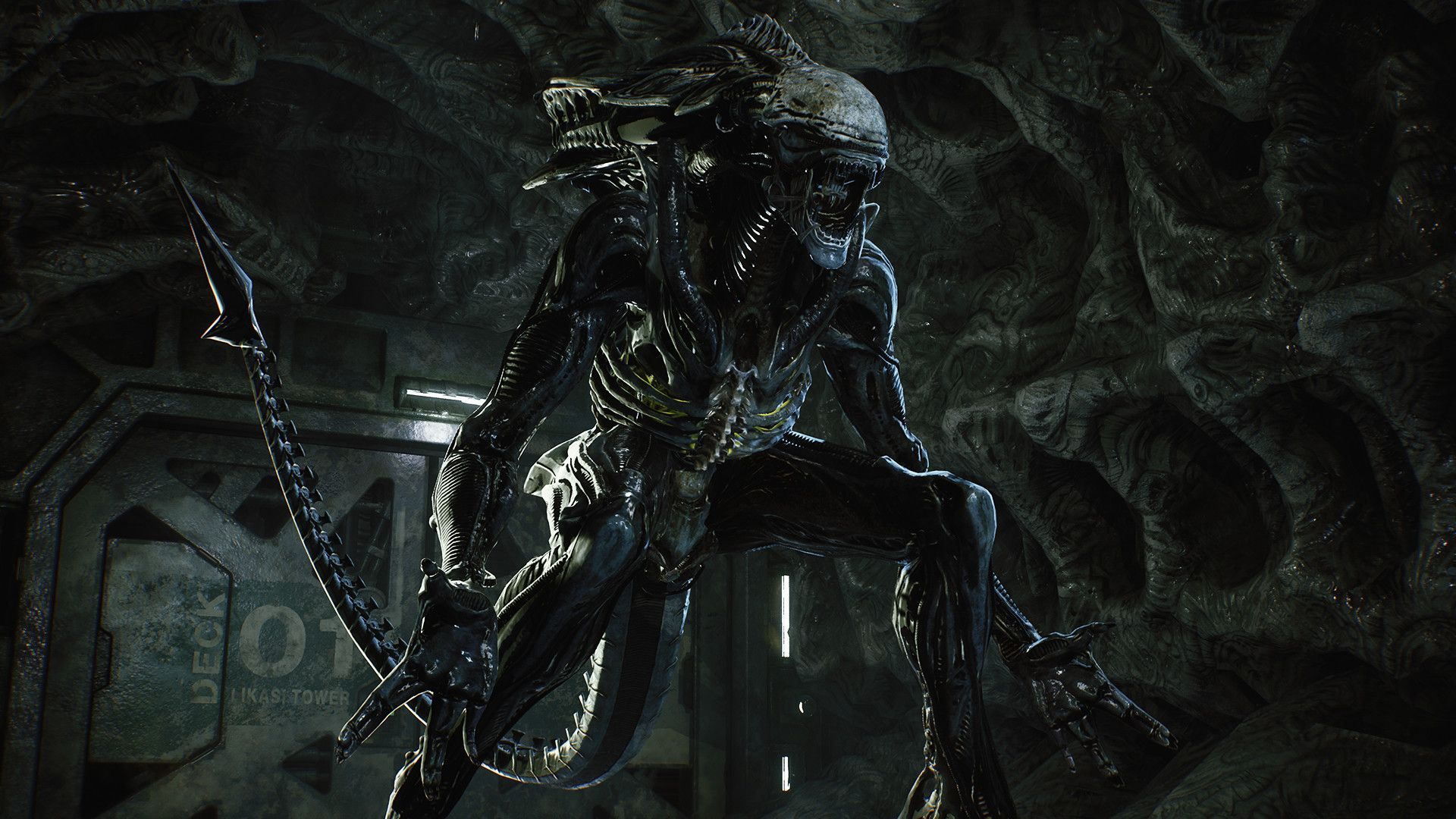 A Xenomorph, a humanoid alien, stands in a dark, enclosed space. It has a skeletal physique and a tail.