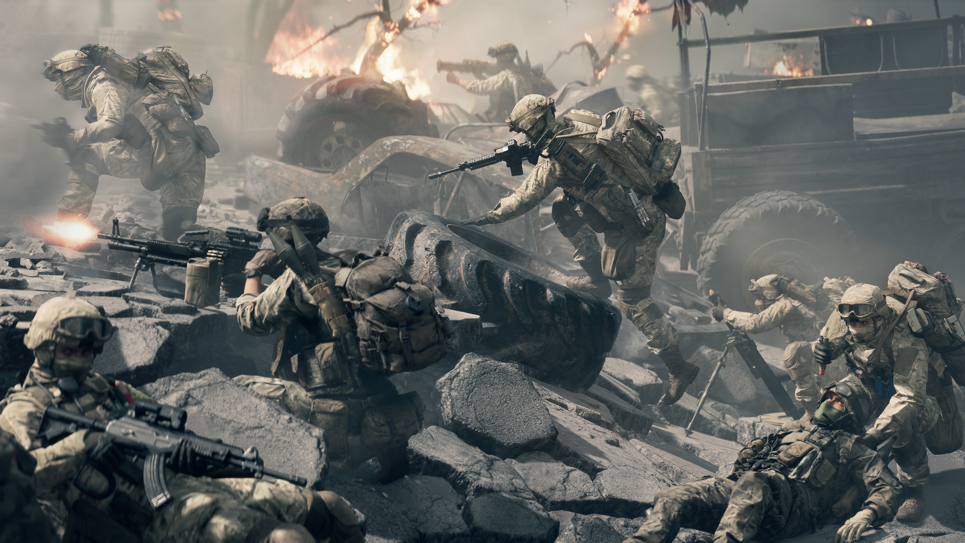 Soldiers in beige uniforms in a warzone. They take cover and fire weapons near rubble and a burning vehicle.