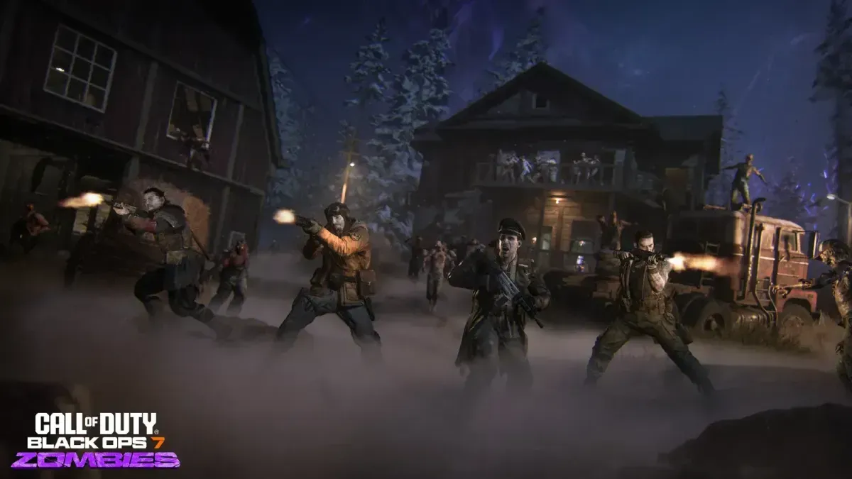 Call of Duty Black Ops 7 Zombies scene: Players shooting zombies in a foggy, snowy village at night.