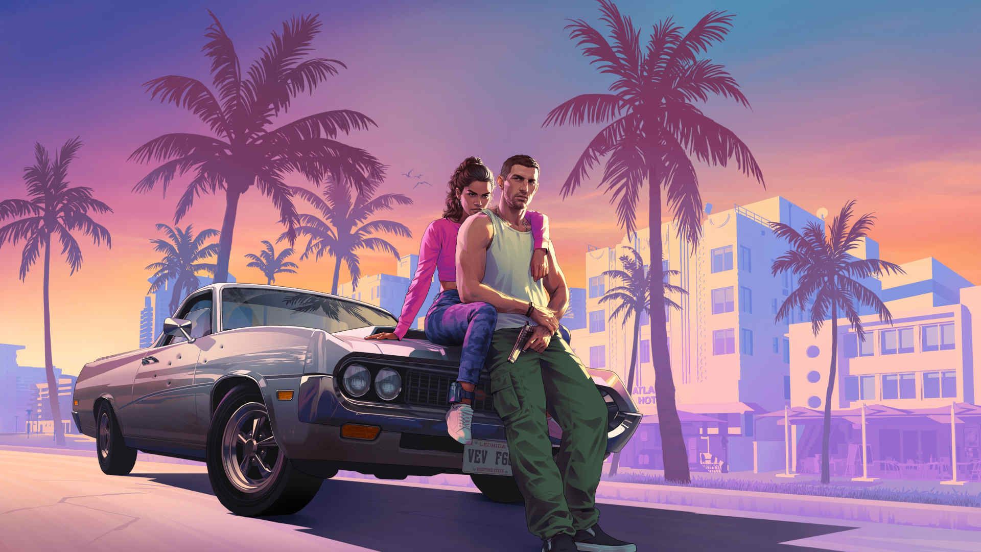 Couple leaning on a classic car at sunset, palm trees in the background.