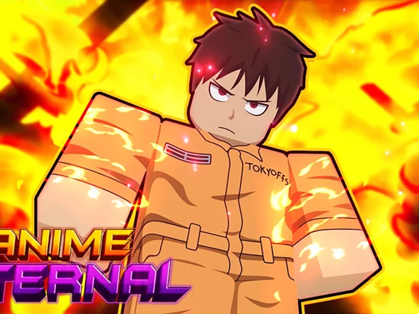 Roblox avatar of a determined character in orange jumpsuit, surrounded by fire with 