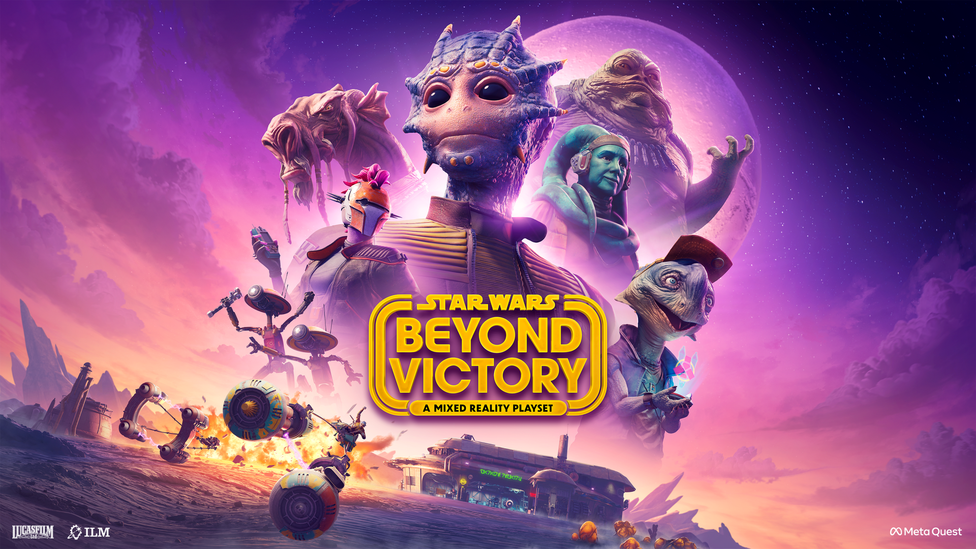 Star Wars: Beyond Victory game art: Alien characters with a planet in the background, purple and blue tones.