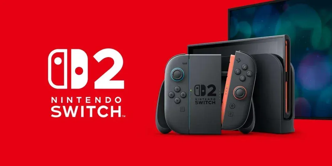 Nintendo Switch 2 logo and console on a red background.