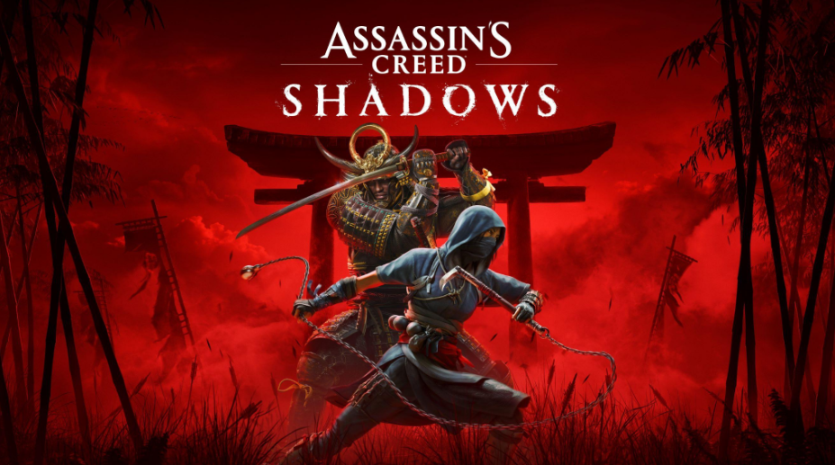 Assassin's Creed Shadows key art: samurai vs ninja in Japan, under a red sky.